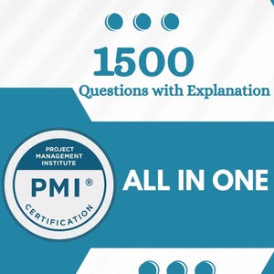 May include: A book cover with the title "PMI-PMP PROJECT MANAGEMENT PROFESSIONAL" in teal and white. It includes the text "1500 Questions with Explanation" and "ALL IN ONE". The PMI certification logo is also visible, along with the author's name, Lucas Jaxon.