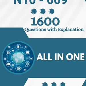 Puede incluir: Una portada de libro turquesa y blanca con el título "COMPTIA NETWORK+ N10-009" y el texto "1600 Questions with Explanation". La portada también presenta un gráfico de un globo rodeado de iconos y las palabras "ALL IN ONE". El nombre del autor, James Walker, está en la parte inferior.