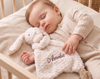 Personalised Baby Lovey Blanket, Custom Name Bunny Comforter, Embroidered Animal Security Blanket, Newborn Baby Shower Gift