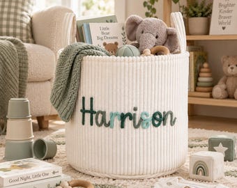 Panier à jouets personnalisé en velours côtelé, panier à vêtements tissé, panier à jouets personnalisé avec le prénom de bébé, boîte à jouets, panier pour bébé