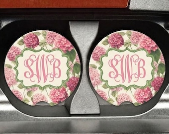 Personalized Pink Hydrangea Car Coaster Set, Floral Monogram Cup Holder Insert, Custom Initials Auto Accessory, Cute Girly Car Decor for Her