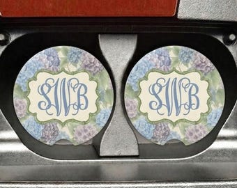 Personalized Hydrangea Car Coaster Set, Blue Floral Monogram Cup Holder Insert, Custom Initials Auto Accessory, Aesthetic Car Decor