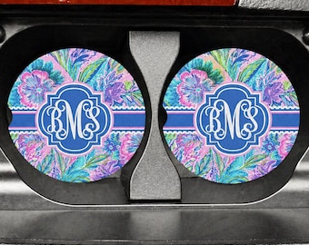 Personalized Floral Monogram Car Coaster Set, Custom Initials Auto Cup Holder Coasters, Preppy Pink Blue Aesthetic Car Decor Gift for Women