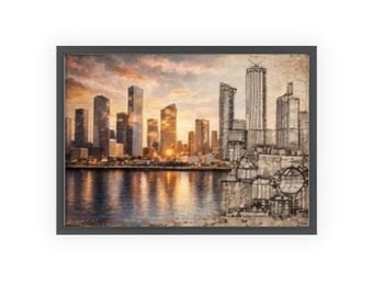 City Skyline van schets naar fotoposter met houten lijst | Muurkunst stedelijke zonsondergang