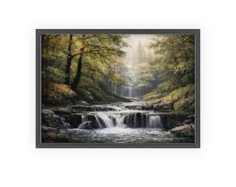 Póster con diseño de paisaje de cascada en el bosque / Marco de madera