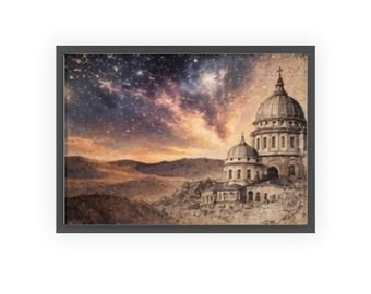 Vintage Cathedral Under Starry Sky Poster with Wooden Frame | Celestial Landscape Wall Art