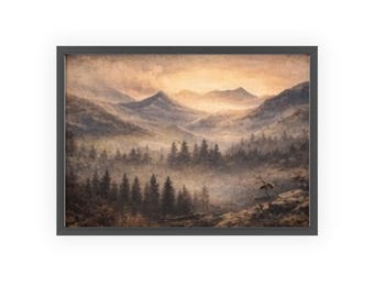 Misty Mountain Forest Poster with Wooden Frame | Landscape Wall Art