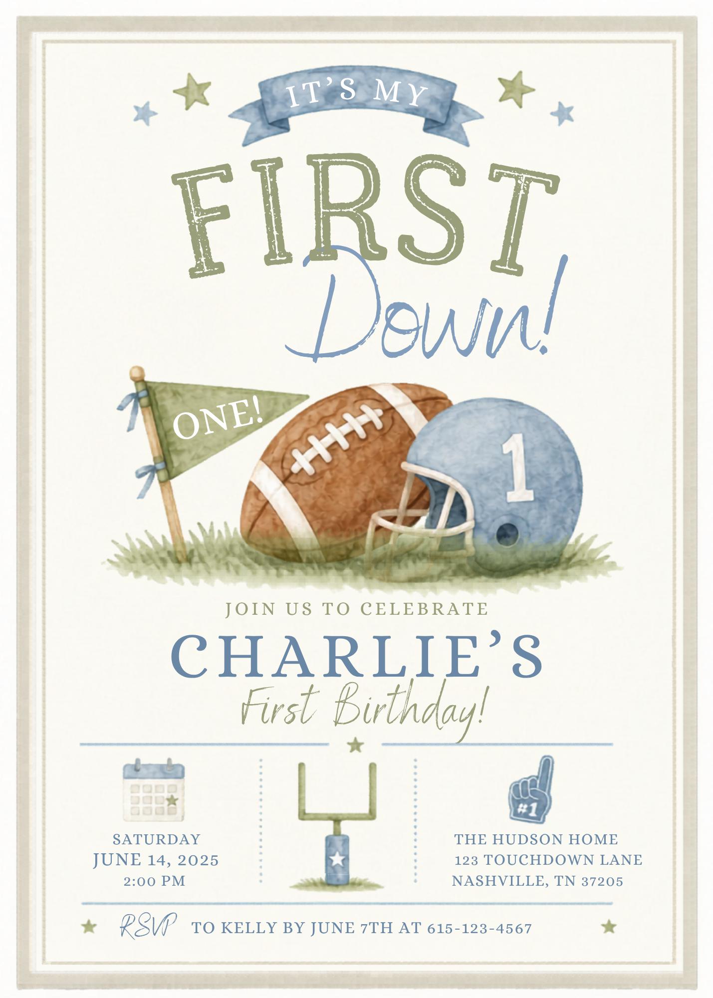 Watercolor First Down Invitation Template, Football First Birthday ...