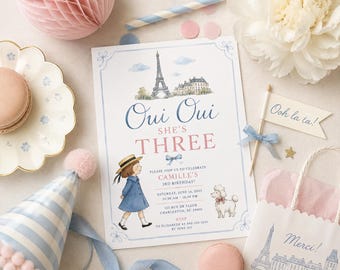 Watercolor Oui Oui She’s Three Invitation Template | Paris Birthday Party Girl | Digital Download