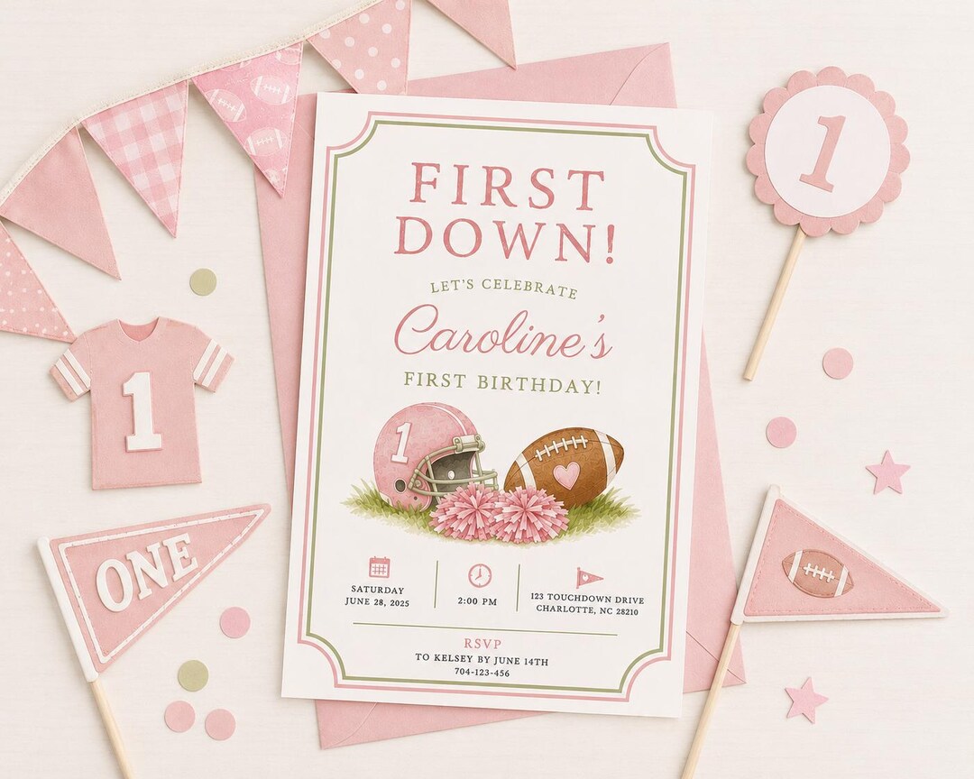 Editable First Down Invitation Template | Girl Football First Birthday ...