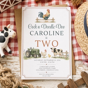 May include: A rectangular invitation card featuring a watercolor rooster, a green tractor, a hen, a chick, and a cow. The text reads: Cock a Doodle Doo CAROLINE is TWO, SATURDAY, SEPTEMBER 20, 2026, 2:00 PM - 4:00 PM, CAROLINE'S FARM, 1234 COUNTRY LANE, COLUMBUS, GEORGIA 31901, RSVP TO MAMA JENN 555-123-4567.