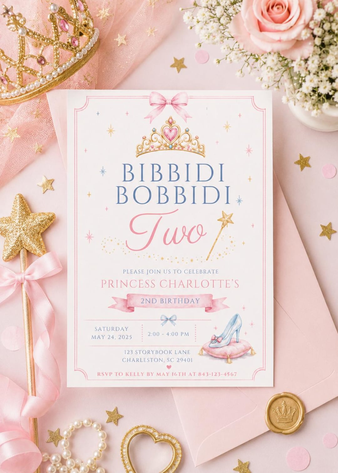 Watercolor Bibbidi Bobbidi Two Birthday Invitation Template, Princess ...