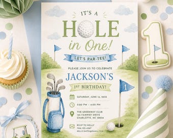 Hole in One First Birthday Invitation Template | Golf 1st Birthday Party | Digital Download