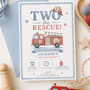 May include: A watercolor-style birthday invitation with a fire truck theme. The invitation features the text "TWO the RESCUE!" and details for Jackson's 2nd birthday, including the date, time, and location.