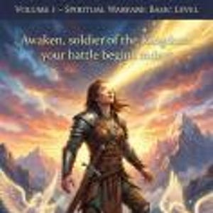 Op de afbeelding: Een fantasy boekcover met de tekst "VOLUME 1 - SPIRITUAL WARFARE: BASIC LEVEL". De afbeelding toont een krijger in harnas, die naar de hemel kijkt, met de tekst "Awaken, soldier of the light, your battle begins now."