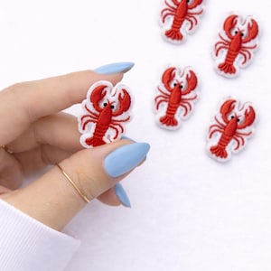 May include: Embroidered red lobster patches with white borders. The patches feature a detailed design of a lobster with black eyes and red claws. These patches are ideal for adding a nautical touch to clothing or accessories.