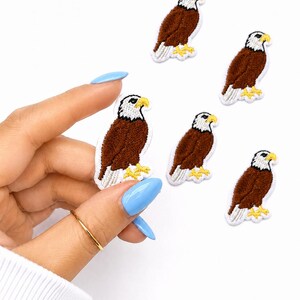 May include: Embroidered patches featuring a brown and white eagle with a yellow beak and feet. The patches are on a white background. The eagle patches are approximately 1.5 inches in height.