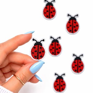 May include: Embroidered ladybug patches with red bodies, black spots, and black antennae. The patches are white-bordered and are shown against a white background. One patch is held by a hand with a gold ring and light blue nail polish.