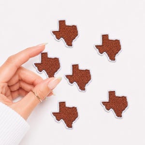 May include: Six small, copper-colored, textured patches in the shape of the state of Texas. Each patch features a distinct, raised, metallic-looking surface with a white embroidered border outlining the state's geographic silhouette.