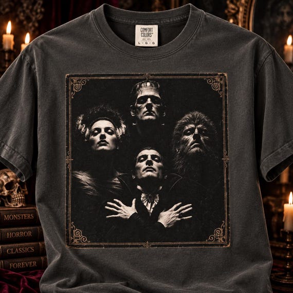 Classic Monster Shirt, Gothic Horror T Shirt, Vintage Halloween Tee, Frankenstein Dracula Bride Wolfman Shirt, Comfort Colors 1717