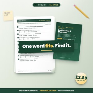 May include: A printable A4 PDF English study guide featuring a drill set with cloze questions, a cover page titled English Cloze & SpAG Drills, and a central banner stating One word fits. Find it. Includes a yellow pencil and price tag.
