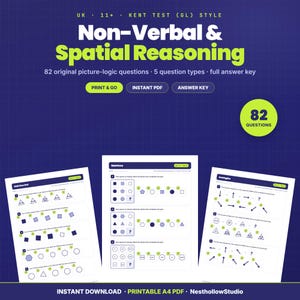 May include: A digital educational resource titled Non-Verbal & Spatial Reasoning featuring 82 picture-logic questions. The document includes five question types, an answer key, and three sample pages showing Odd One Out, Matrices, and Analogies.