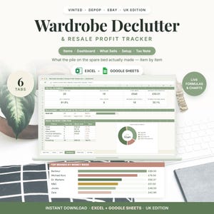 May include: A digital spreadsheet template titled Wardrobe Declutter & Resale Profit Tracker for Excel and Google Sheets. The interface displays data tables, a pie chart, and a bar graph showing top brands by money made in British pounds.