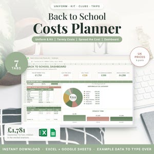Könnte beinhalten: Eine digitale Back to School Costs Planner Tabellenkalkulation auf einem Bildschirm. Das Dashboard enthält Tabellen, ein Kreisdiagramm und Balkendiagramme zur Verfolgung von Ausgaben in britischen Pfund, inklusive 7 Registerkarten.