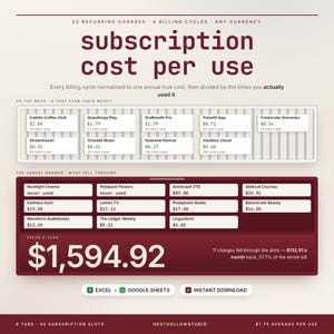 May include: A digital infographic titled subscription cost per use, displaying data on recurring charges. It features a light section for active subscriptions and a dark red section for cancelled ones, with a total savings figure of $1,594.92 displayed prominently.