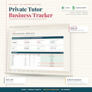 Op de afbeelding: Een digitale bedrijfs-tracker spreadsheet voor privéleraren op een laptopscherm, compatibel met Excel en Google Sheets. Het dashboard toont financiële gegevens, saldi van studenten en belastingberekeningen voor het jaar 2026/27.