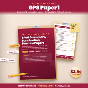 Peut inclure: Un ensemble de documents d'entraînement à la grammaire et à la ponctuation SPaG pour le niveau Key Stage 2 Year 6, fixés sur des presse-papiers. Les feuilles marron portent du texte blanc, 150 questions et 3 examens. Un crayon jaune est présent.