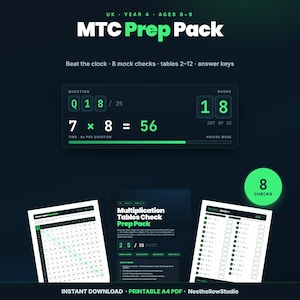May include: A digital MTC Prep Pack for UK Year 4 students aged 8-9, featuring a dark interface with bright green text. It includes a multiplication practice screen showing 7 x 8 = 56, a printable multiplication wall chart, and a practice check sheet.