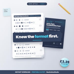 May include: A CAT4-Style Year 7 familiarisation pack featuring non-verbal figure classification practice questions on white A4 paper. A dark blue overlay displays the white and light blue text, Know the format first. Includes a yellow pencil.