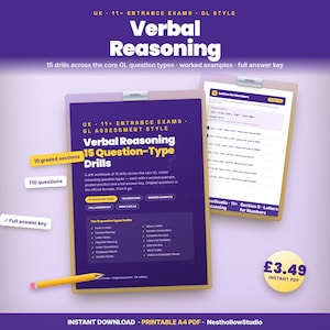 May include: A purple educational workbook titled Verbal Reasoning 15 Question-Type Drills for UK 11+ entrance exams. The cover features 15 graded sections, 110 questions, worked examples, and a full answer key. A yellow pencil rests on the cover.