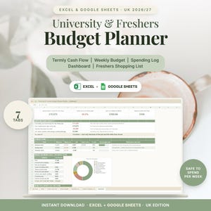Peut inclure: Un planificateur budgétaire numérique pour l'université et les nouveaux étudiants, compatible avec Excel et Google Sheets, édition UK 2026/27. Il comprend un flux de trésorerie trimestriel, un budget hebdomadaire, un journal et 7 onglets.