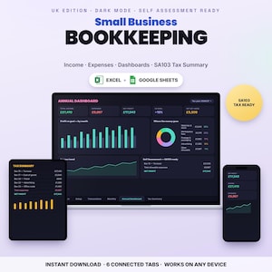 Può includere: Un modello di contabilità digitale per piccole imprese con interfaccia in modalità scura su laptop, tablet e smartphone. Gli schermi mostrano dashboard annuali, riepiloghi fiscali e grafici di entrate e uscite per Excel e Google Sheets.