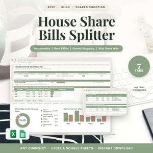 Może przedstawiać: Cyfrowy szablon arkusza kalkulacyjnego House Share Bills Splitter dla programów Excel i Google Sheets. Interfejs wyświetla pulpit nawigacyjny podziału rachunków domowych z wykresami, tabelami i danymi finansowymi dotyczącymi czynszu.