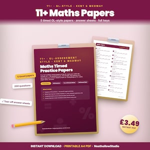Könnte beinhalten: Zwei Klemmbretter mit 11+ Mathe-Übungsaufgaben im GL-Stil für Kent & Medway. Die Unterlagen enthalten 5 zeitgesteuerte Prüfungen, 200 Fragen und abtrennbare Antwortbögen. Ein gelber Bleistift liegt neben dem linken Klemmbrett.