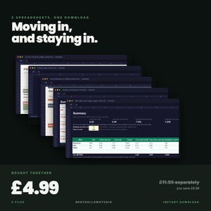May include: A digital product display featuring five stacked spreadsheet windows against a dark background. The text reads: 5 SPREADSHEETS, ONE DOWNLOAD, Moving in, and staying in. The visible spreadsheet shows a summary of utility usage data.