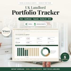 UK Landlord Portfolio Tracker | Rent, Certificates, Tax (Excel, Google Sheets)