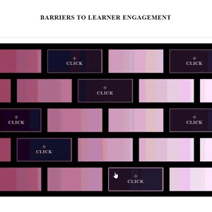 May include: A digital graphic with the text "BARRIERS TO LEARNER ENGAGEMENT" at the top. The image is a grid of rectangular blocks in shades of pink and purple, with "CLICK" buttons overlaid on some blocks.