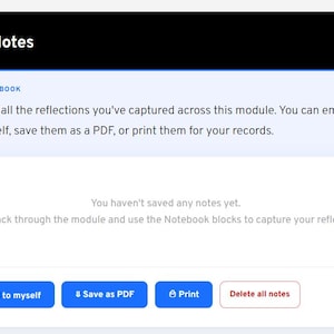 Op de afbeelding: Een digitale interface met de tekst "Your Notes" bovenaan. De interface bevat opties om notities te e-mailen, op te slaan als PDF, af te drukken en notities te verwijderen. Een logo staat rechtsboven.