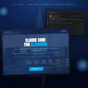 May include: Two computer screens showing a blue and white interface for "Claude Code for eLearning." The text on the screen reads "Build professional eLearning modules with AI - no coding required, no authoring tool subscription, no limits."
