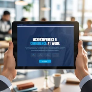 Könnte beinhalten: Ein schwarzes Tablet, das eine Webseite mit dem Text "ASSERTIVENESS & CONFIDENCE AT WORK" in Weiß und Blau anzeigt. Das Tablet wird von einer Person im Anzug gehalten, mit einem verschwommenen Café-Hintergrund.