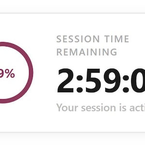 Op de afbeelding: Een digitaal display met een sessietimer met de tekst "Resterende sessietijd" en "2:59:02". Een cirkelvormige afbeelding toont "99%" en de tekst "Uw sessie is actief". De achtergrond is wit.