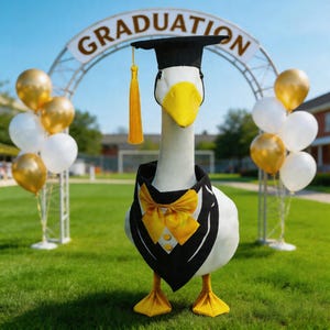 Puede incluir: Un ganso con birrete, borla y atuendo tipo esmoquin está de pie sobre un césped. La palabra "GRADUATION" se muestra en un arco detrás del ganso. Globos dorados y blancos están a ambos lados del ganso.