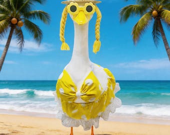 Porch Goose Outfit, Yellow Polka Dot Bikini Porch Goose Outfit, 23-Inch Porch Goose Summer Swimsuit, Retro Poster Style, Yellow Polka Dots