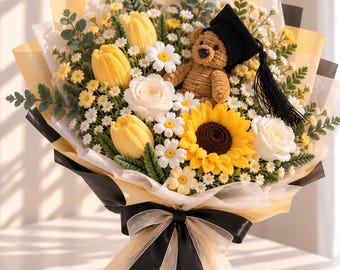Handmade Graduation Bouquet | Chenille Flowers, Teddy Bear, Cap (Everlasting)