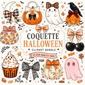 May include: A digital clipart bundle featuring Halloween-themed illustrations including pumpkins with bows, ghosts, cherries, a cupcake, and bows. The central text reads COQUETTE HALLOWEEN CLIPART BUNDLE 10 HIGH QUALITY PNGS, surrounded by small stars and hearts.