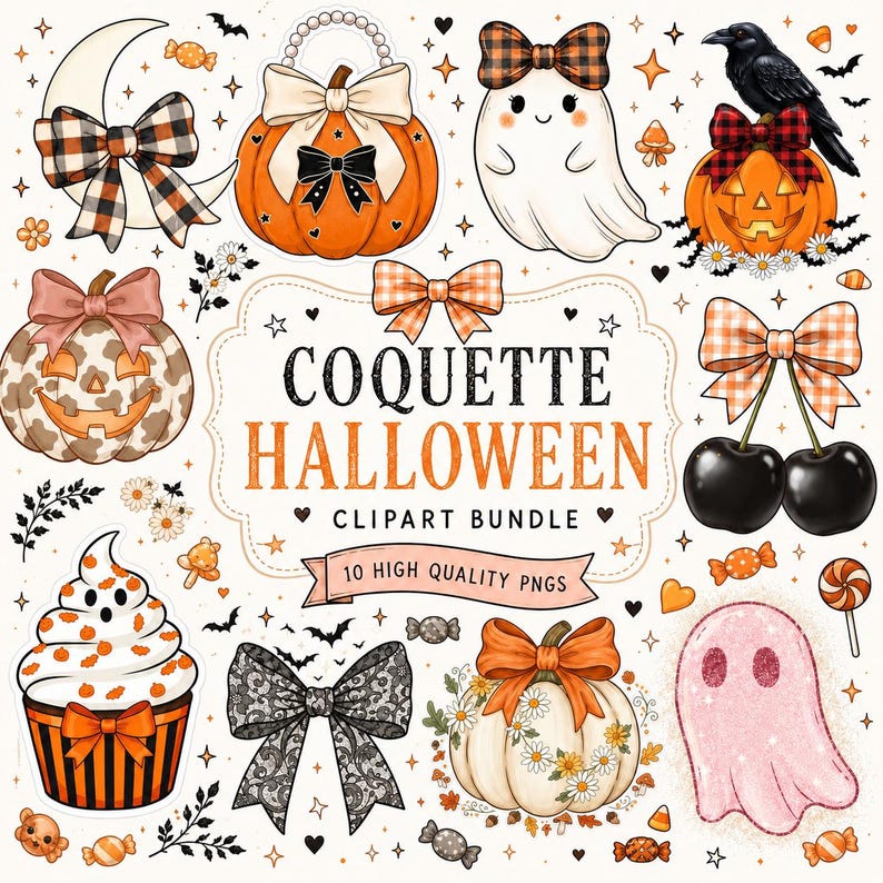 May include: A digital clipart bundle featuring Halloween-themed illustrations including pumpkins with bows, ghosts, cherries, a cupcake, and bows. The central text reads COQUETTE HALLOWEEN CLIPART BUNDLE 10 HIGH QUALITY PNGS, surrounded by small stars and hearts.